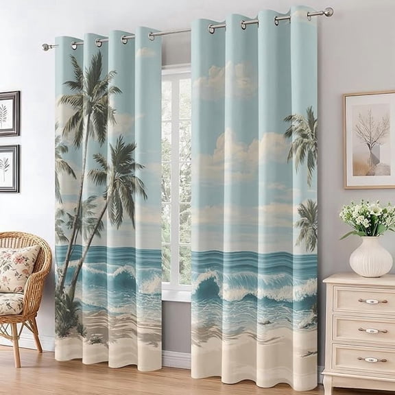 Palm Tree Curtains for Living Room, Ocean Waves Blackout Curtains, Beach Hawaii Bedroom Decor, Thermal Insulated Grommet Drapes 42"W x 108"L (Pack of 2)