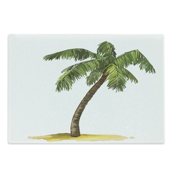 Palm Tree Cutting Board, Cartoon Palm Tree Image Tropical Plant and Sand Serenity Nature Foliage Print, Decorative Tempered Glass Cutting and Serving Board, Large Size, Green Brown, by Ambesonne