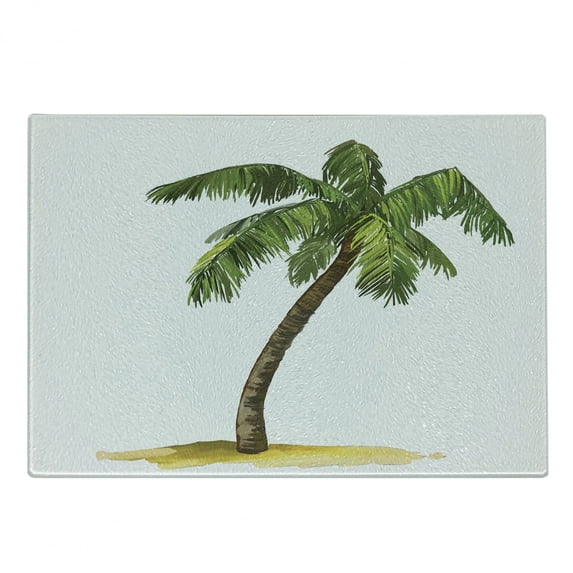 Palm Tree Cutting Board, Cartoon Palm Tree Image Tropical Plant and Sand Serenity Nature Foliage Print, Decorative Tempered Glass Cutting and Serving Board, Small Size, Green Brown, by Ambesonne