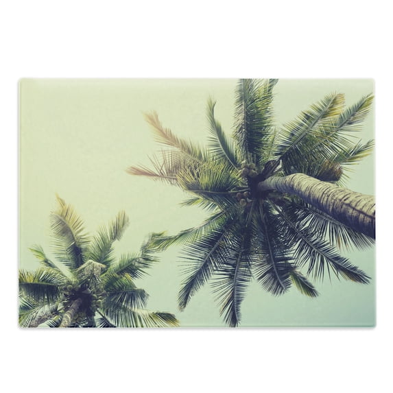 Palm Tree Cutting Board, Coconut Trees on Tropical Beach Caribbean Coastline Ocean Summer, Decorative Tempered Glass Cutting and Serving Board, Large Size, Pale Yellow Green Brown, by Ambesonne
