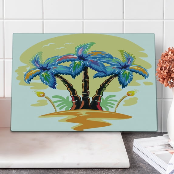 Palm Tree Cutting Board, Colorful Cartoon Tropical Island Hawaiian Torch Seagulls Sunset Summer Theme, Decorative Tempered Glass Cutting and Serving Board, Large Size, Blue Orange, by Ambesonne