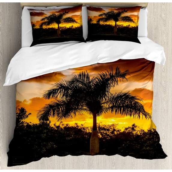 Palm Tree Decor Queen Size Duvet Cover Set, Palm Tree Silhouette Scene at Sunset Twilight Tranquility in Nature Image, Decorative 3 Piece Bedding Set with 2 Pillow Shams, Orange Green, by Ambesonne