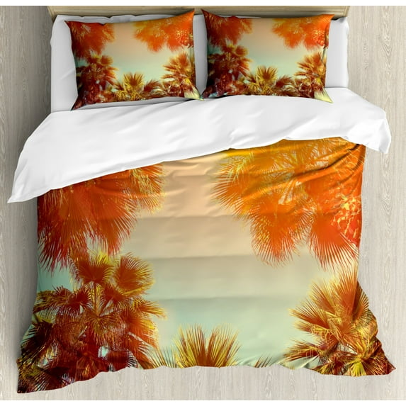 Palm Tree Decor Queen Size Duvet Cover Set, Trees Sunlights Tranquility in Tropical Nature Landscape at Summer Theme, Decorative 3 Piece Bedding Set with 2 Pillow Shams, Orange Green, by Ambesonne