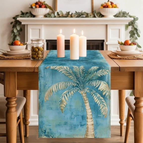 Palm Tree Dining Table Runner, Summer Tropical Plant Botanical Abstract Cyan Washable Table Runners Kitchen Coffee Table Center Decor for Home Party Holiday Wedding 13 x 36 Inches