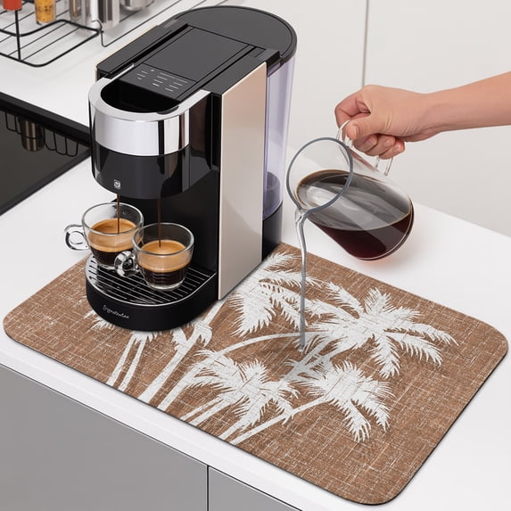 Palm Tree Dish Drying Mats for Kitchen Counter, Tropical Plant Coastal Summer Brown Absorbent Coffee Bar Mat with Non-slip Rubber Backed Quick Drying Dish Rack Pad 16"x18"