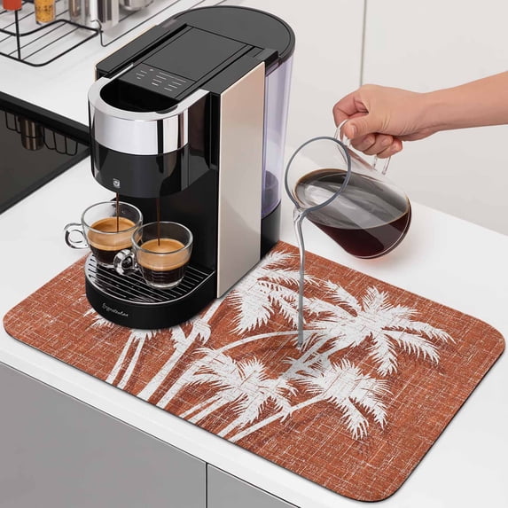 Palm Tree Dish Drying Mats for Kitchen Counter, Tropical Plant Coastal Summer Burnt Orange Absorbent Coffee Bar Mat with Non-slip Rubber Backed Quick Drying Dish Rack Pad 12"x16"