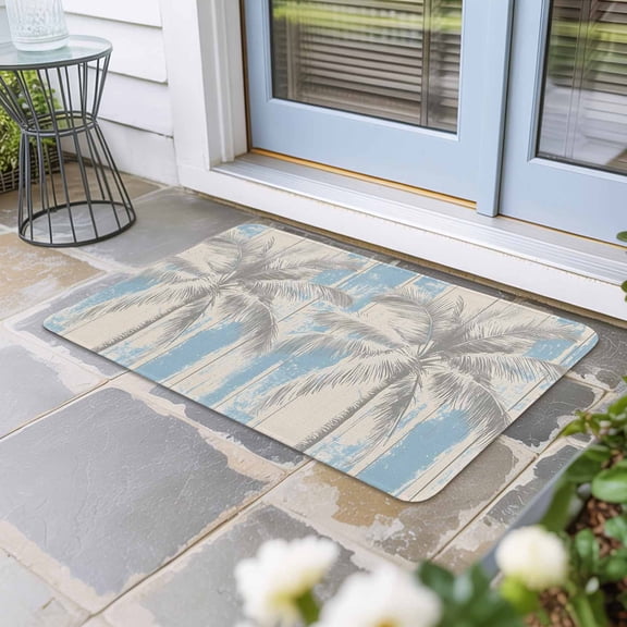 Palm Tree Door Mat Indoor Outdoor, Blue Tropical Plant Summer Retro Wood Plank Non Slip Welcome Mat with Rubber Backing, Absorbent Fabric Front Door Mats Entryway Rug for Home Patio Entrance 16"x24"