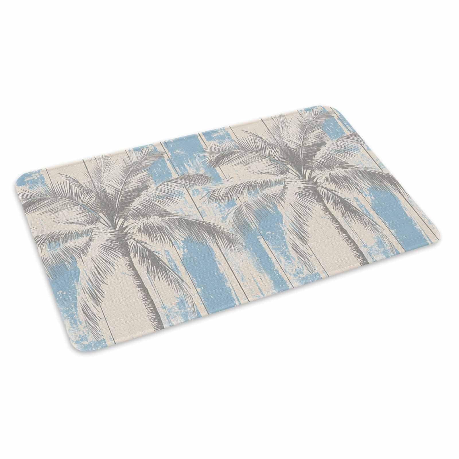 Palm Tree Doormat Outdoor Entrance 18"x30", Blue Tropical Plant Summer Retro Wood Plank Absorb Moisture Dirt Door Mats, Non-Slip Rubber Backing Floor Mats Indoor, Low-Profile Front Door Rugs