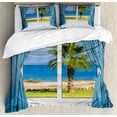 thumbnail image 1 of Palm Tree Duvet Cover Set, Blue Curtains White Walls Sunny Day Shore Palm Tree Island View Horizon Rest, Decorative 3 Piece Bedding Set with 2 Pillow Shams, Queen Size, Blue Green, by Ambesonne, 1 of 3