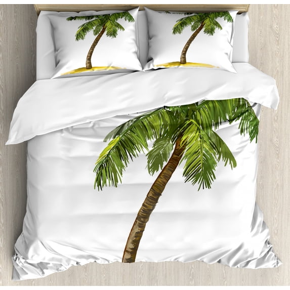 Palm Tree Duvet Cover Set King Size, Cartoon Palm Tree Image Tropical Plant and Sand Serenity Nature Foliage Print, Decorative 3 Piece Bedding Set with 2 Pillow Shams, Green Brown, by Ambesonne