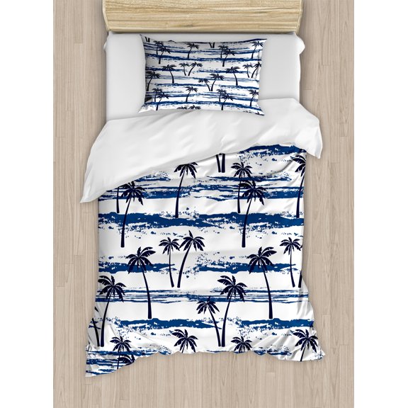 Palm Tree Duvet Cover Set, Pattern Sea Summer Romantic Beach Island Silhouette Tropics, Decorative 2 Piece Bedding Set with 1 Pillow Shams, Twin Size, Navy Blue, by Ambesonne