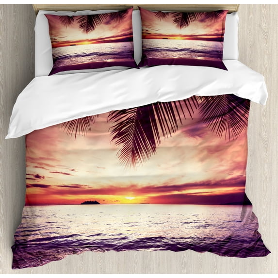 Palm Tree Duvet Cover Set Queen Size, Tropical Beach under Shadows at Sunset Ocean Waves Serenity of Paradise in Nature, Decorative 3 Piece Bedding Set with 2 Pillow Shams, Yellow, by Ambesonne