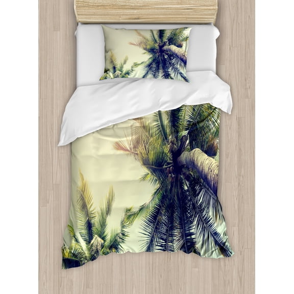 Palm Tree Duvet Cover Set Twin Size, Coconut Trees on Tropical Beach Caribbean Coastline Ocean Summer, Decorative 2 Piece Bedding Set with 1 Pillow Sham, Pale Yellow Green Brown, by Ambesonne