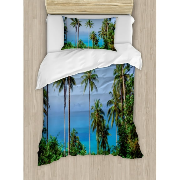 Palm Tree Duvet Cover Set Twin Size, Ocean Scene from Jungle Tropical Beautiful Picture of Paradise in Nature Theme, Decorative 2 Piece Bedding Set with 1 Pillow Sham, Blue Green, by Ambesonne