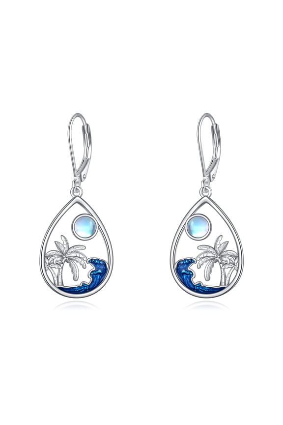 Palm Tree Earrings Sterling Silver Moonstone Palm Tree Dangle Drop Earrings Ocean Themed Jewelry Summer Beach Holiday Gift for Women
