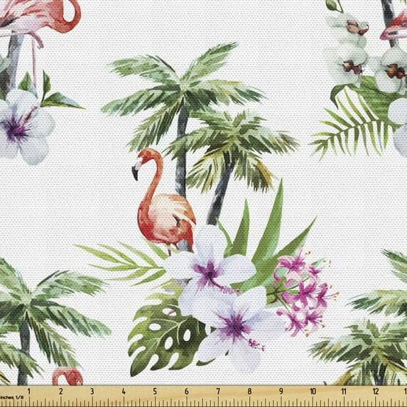 Ambesonne Palm Tree Fabric by the Yard Upholstery, Flamingo Hibiscus Art, 10 Yards, Multicolor