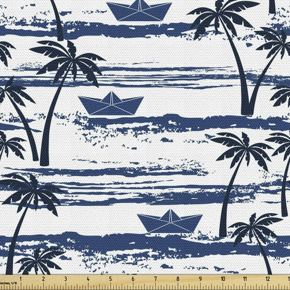 Ambesonne Palm Tree Fabric by the Yard Upholstery, Paper Boats on Waves, 3 Yards, Blue Dark Blue White