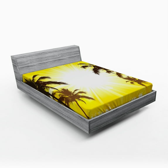Palm Tree Fitted Sheet, Holiday Theme a Sunny Tropical Place with Palm Trees Illustration Print, Soft Decorative Fabric Bedding, Full Size, Yellow and White, by Ambesonne
