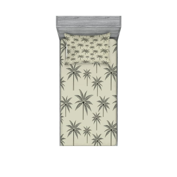 Palm Tree Fitted Sheet & Pillow Sham Set, Vintage Style Plantation Items Long Tropical Hawaiian Vibes, Decorative Printed 4 Piece Bedding Decor Set, Twinxl, Pale Khaki and Dark Grey, by Ambesonne