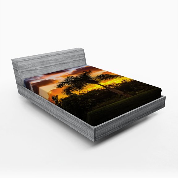 Ambesonne Tropical Fitted Sheet, Exotic Tree at Sunset, Full Size, Orange Green
