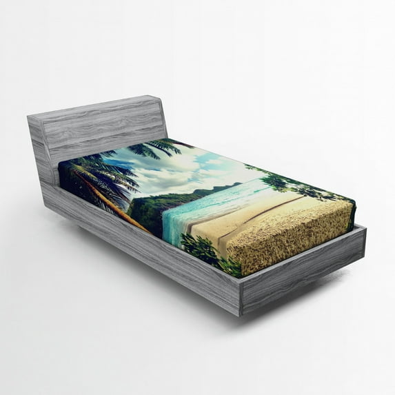 Palm Tree Fitted Sheet, Summer Beach Vintage Style Tropical Sunset Picture Print, Soft Decorative Fabric Bedding, Twin XL Size, Dark Green Sand Brown, by Ambesonne