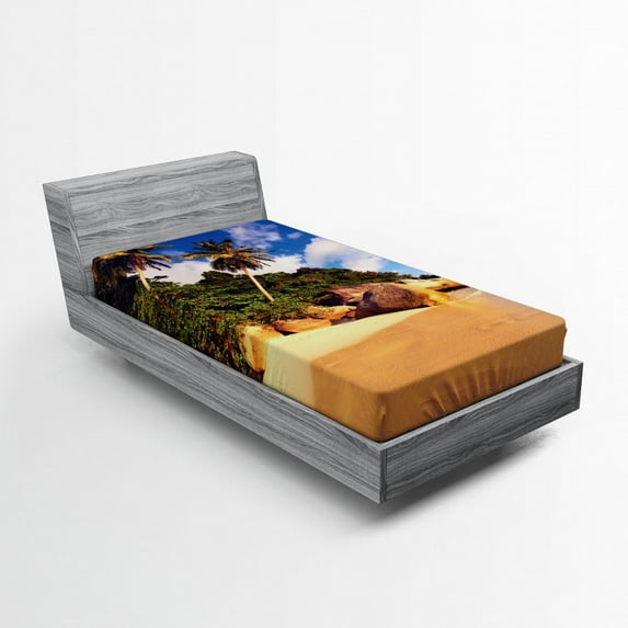 Palm Tree Fitted Sheet, Tropical Beach Serenity in Nature Exotic Fruit Coconut Rocks Seascape Print, Soft Decorative Fabric Bedding, Twin Size, Green Brown, by Ambesonne