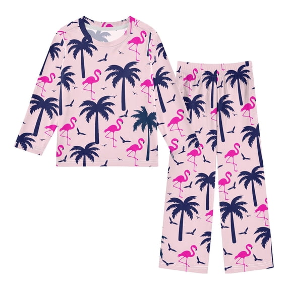 Autaum Patterns Palm Tree Flamingo Pattern Pajama Set Soft Warm Cozy Fleece 2 Piece ...