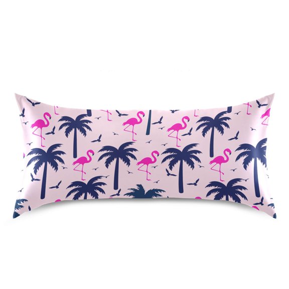 Palm Tree Flamingo Pattern Pillow Case Standard Size Silky Satin Pillow Cover for Bedroom 20x26 Inch