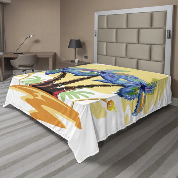 Ambesonne Tropical Flat Sheet, Cartoon Island Sunset, Queen Size, Blue Orange