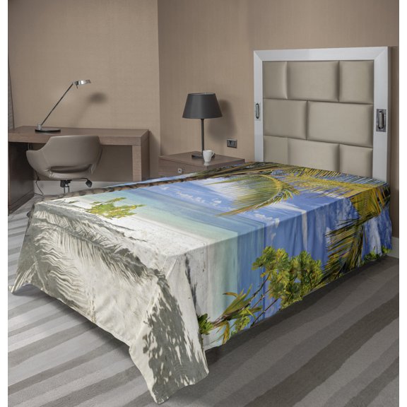 Ambesonne Tropical Flat Sheet, Palm Trees Coastline, Twin Size, Coconut and Blue