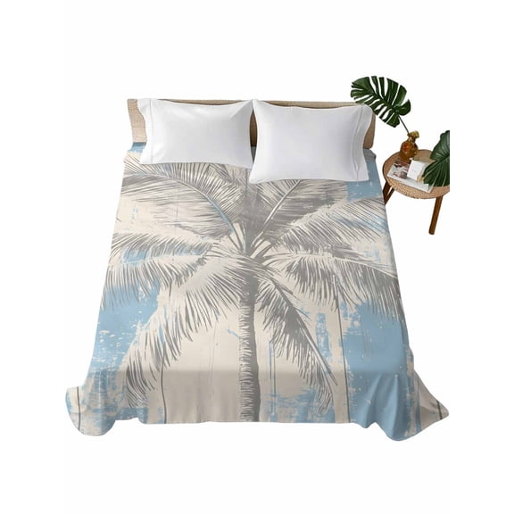 Palm Tree Flat Sheets Only Queen Size, Soft Breathable Bed Top Sheets for Mattress, Blue Tropical Plant Summer Retro Wood Plank Luxury Bedding Flat Sheets for Home Hotel Bedroom Bed Protection