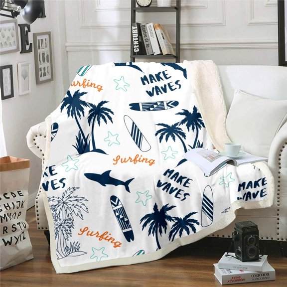 Palm Tree Fleece Blanket Surfboard Blanket Surfing Sports Sherpa Blanket for Couch Travel Sofa Microfiber Hawaiian Tropical Plush Throw Blanket Shark Starfish Room Decor Fuzzy Blanket Baby 30"x40"