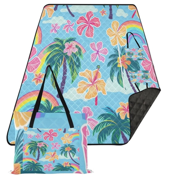 Palm Tree Flower Rainbow Extra Large Picnic Beach Blanket Waterproof Sand Proof Portable Outdoor Mat 80x118