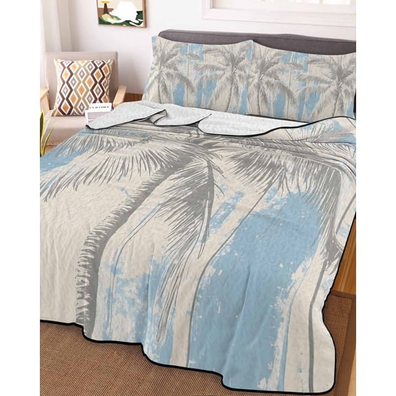 Palm Tree Full Size Down Alternative Comforter, Lightweight Comforter Quilt Bedding Set with Pillow Shams Blue Tropical Plant Summer Retro Wood Plank All Seasons Bed Comforter Duvet Insert 78"x90"