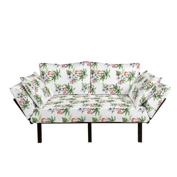 Palm Tree Futon Couch, Tropical Island Inspired Pattern with Flamingo Birds Hibiscus Flowers Watercolors, Daybed with Metal Frame Upholstered Sofa for Living Dorm, Loveseat, Multicolor, by Ambesonne