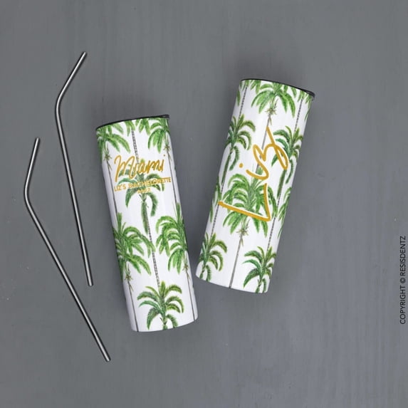 Palm Tree Gold Text Tumbler, Custom Tropical Bridesmaid Skinny Tumbler, Bridesmaid Tumbler, Birthday Tumbler,Personalized Drinkware