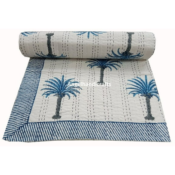 Palm Tree Hand Block Print Kantha Quilt Cotton Bedspread Handmade Bedcover Indian Kantha Throw Vintage Gudari Modern Quilt Summer Comforter
