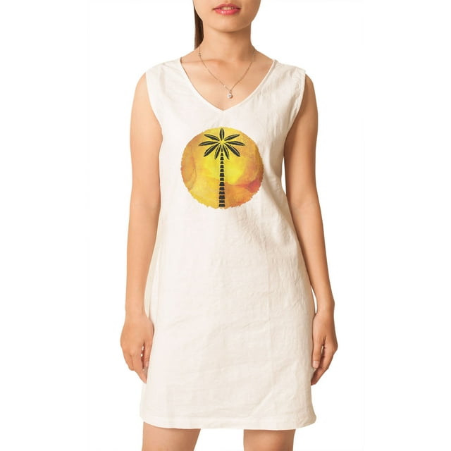 Palm Tree Hand Drawn Icons Print Vintage V-neck Linen Mini Shift Dress WDS_02 0