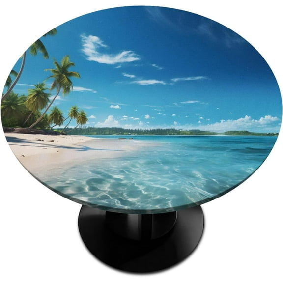 Palm Tree Hawaii Beach Round Fitted Tablecloth Elastic Edged Plastic Table Cover Coconut Palm Waterproof Wipeable Table Cloth Tablecloth Fits Tables up to 36"-44"