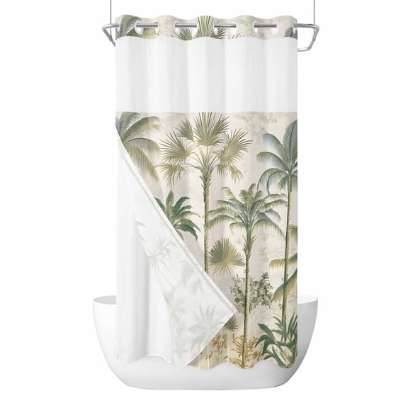 Palm Tree No Hook Shower Curtain with Snap in Liner, Sage Green Tropical Nature Plant Watercolor Double-Layer Waterproof Fabric Shower Curtains for Bathroom Hotel Bathtub, Mesh Top 54"x78"