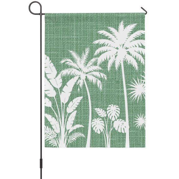Palm Tree House Flags For Outdoor, Coastal Tropical Monstera Leaf Forest Green Linen Texture Small Double Side Yard Flags Weather Proof House Decor for Lawn Outside Holiday 28 x 40 Inches