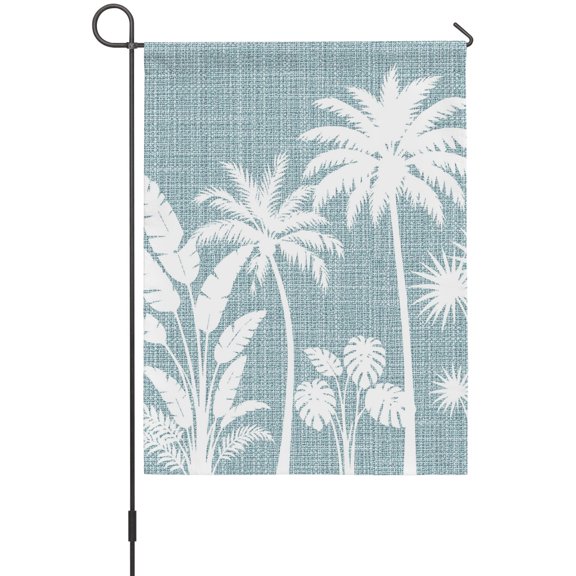 Palm Tree House Flags For Outdoor, Coastal Tropical Monstera Leaf Sky Blue Linen Texture Small Double Side Yard Flags Weather Proof House Decor for Lawn Outside Holiday 28 x 40 Inches