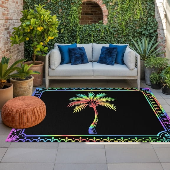 Palm Tree Indoor Outdoor Rugs 3x5 Ft, Coastal Tropical Rainbow Palm Tree Rainbow Border Outdoor Patio Rugs Mat Washable Outside Area Rugs Carpet for Porch Deck RV Camping Pool Balcony Backyard
