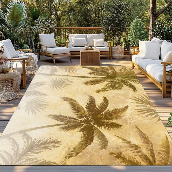 Palm Tree Indoor Outdoor Rugs 4x6 Ft, Tropical Mustard Yellow Coconut Palm Distressed Texture Outdoor Patio Rug Mat Washable Outside Area Rugs Carpet for Porch Deck RV Camping Pool Balcony Backyard