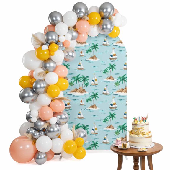 Palm Tree Islands Arch Backdrop Cover 5FT Coastal Summer Sailboats Green Ocean Spandex Fitted Arch Covers Stretchy Backdrop Decoration for Wedding Birthday Graduation Party