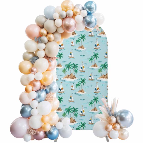 Palm Tree Islands Arch Backdrop Cover 6 FT Coastal Summer Sailboats Green Ocean Stretchy Elastic Arch Stand Covers Spandex Arched Background Birthday Wedding Party Decoration (No Stand)
