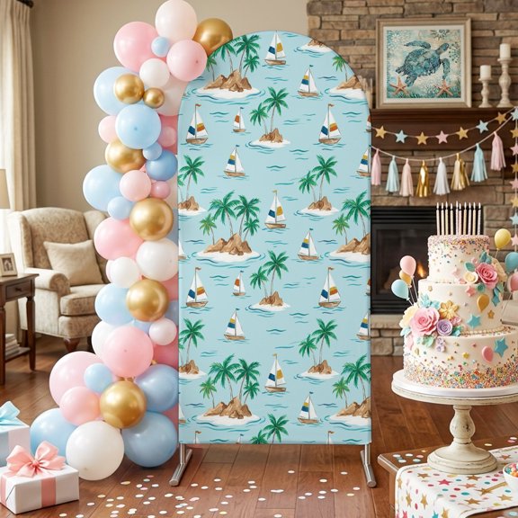 Palm Tree Islands Arch Backdrop Covers 4 FT, Coastal Summer Sailboats Green Ocean Stretchy Fitted Arched Stand Covers Party Arch Stand Cover Photo Booth for Wedding Birthday Decor