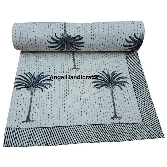 Palm Tree Kantha Quilt Reversible Blanket Hand Block Print Bedspread Handmade Cotton Bedsheet Indian Kantha Coverlet Vintage Bedding Throw