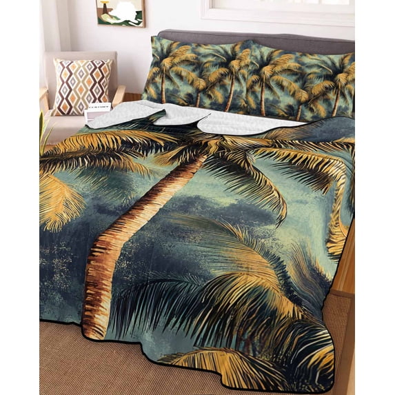 Palm Tree King Size Down Alternative Comforter, Lightweight Comforter Quilt Bedding Set with Pillow Shams Retro Summer Botanical Tropical Plant Leaves All Seasons Bed Comforter Duvet Insert 96"x106"
