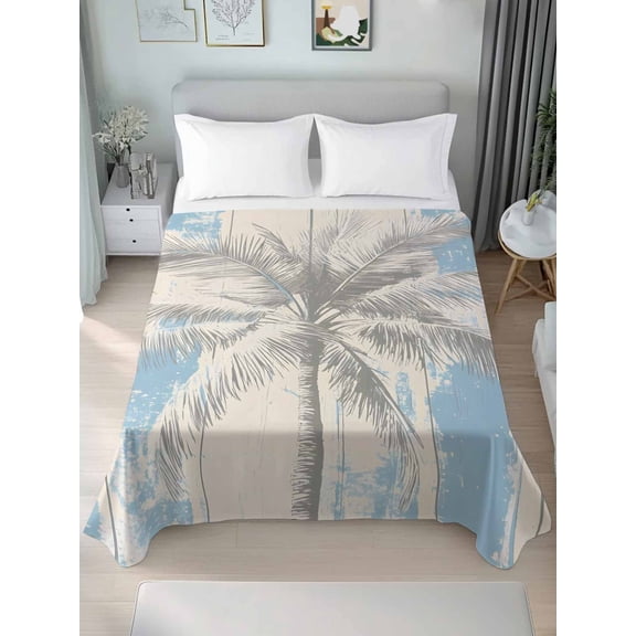 Palm Tree King Size Flat Sheet, Wrinkleproof & Fadeproof Cooling Flat Bed Sheet Only, Blue Tropical Plant Summer Retro Wood Plank Breathable Soft Bedding Top Sheets 105 x 98 Inches